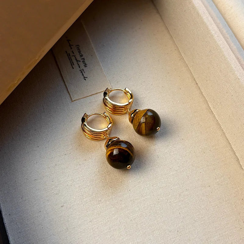 Geometric tigereye stone earrings for women with gold plating in brown and black colour options.