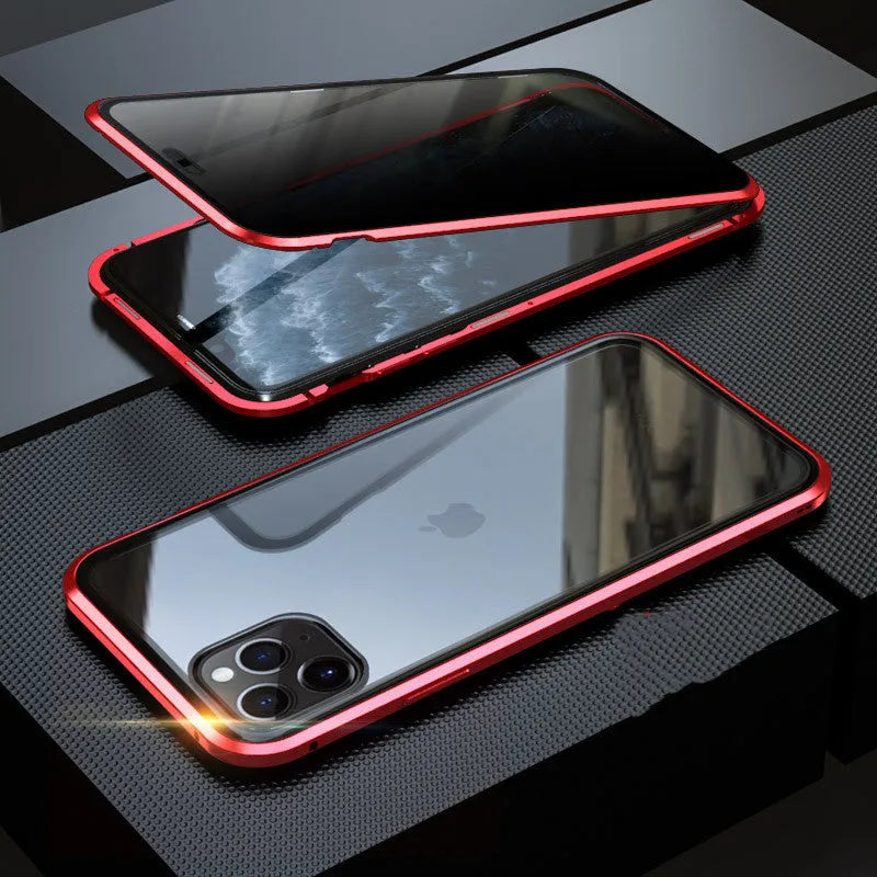 A closed clamshell phone case in blue glass with a geometric pattern, next to an iPhone showing the narrow viewing angle when open.