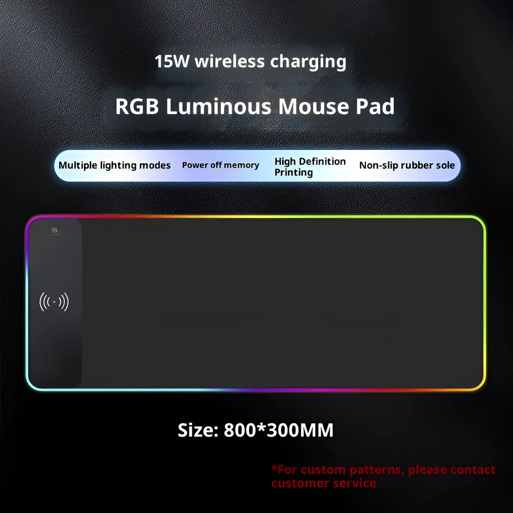 Oversized pure black wireless charging RGB luminous mouse pad with non-slip rubber base and 3mm thickness for gaming