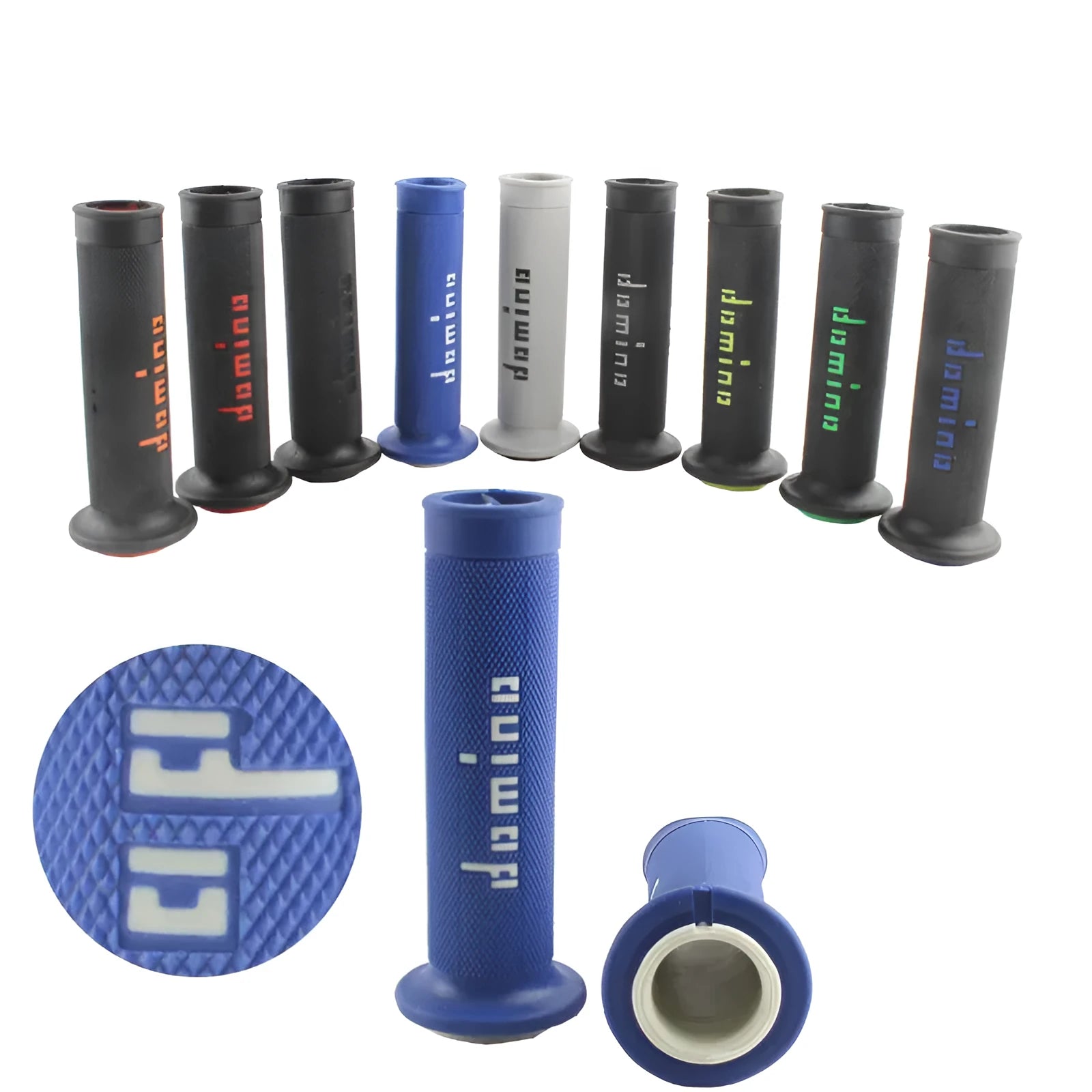 Pair of motorcycle handle grips in assorted colours, showing non-slip rubber texture and scale.