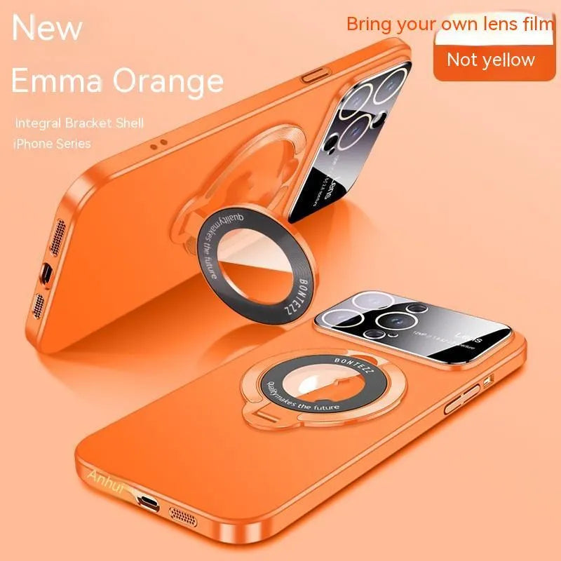 Magnetic iPhone case with large transparent window and invisible bracket in dark purple colour