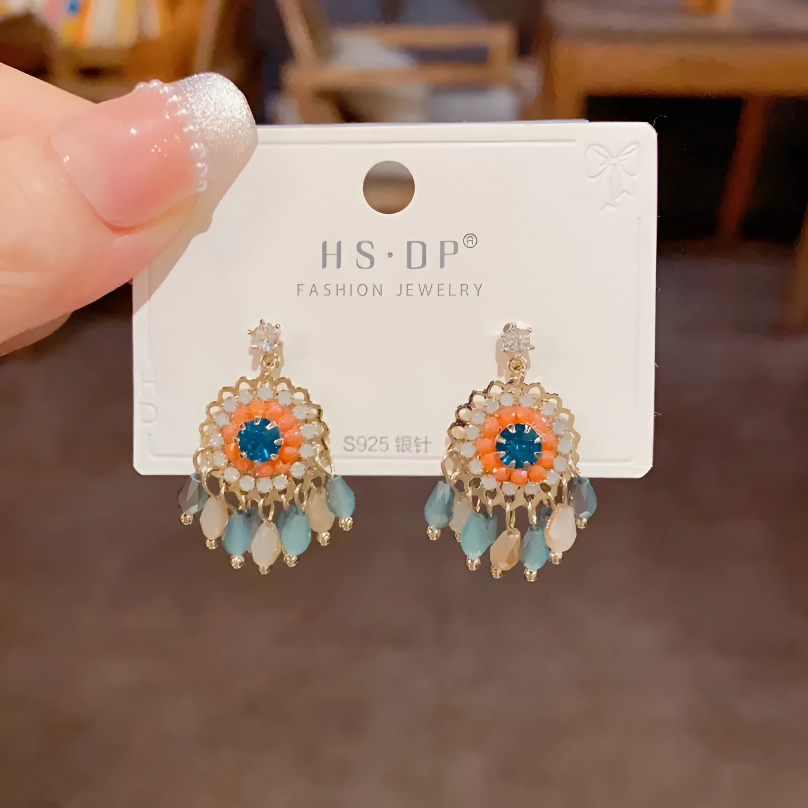 Purple and blue diamond-embedded round crystal tassel earrings with thick gold plating