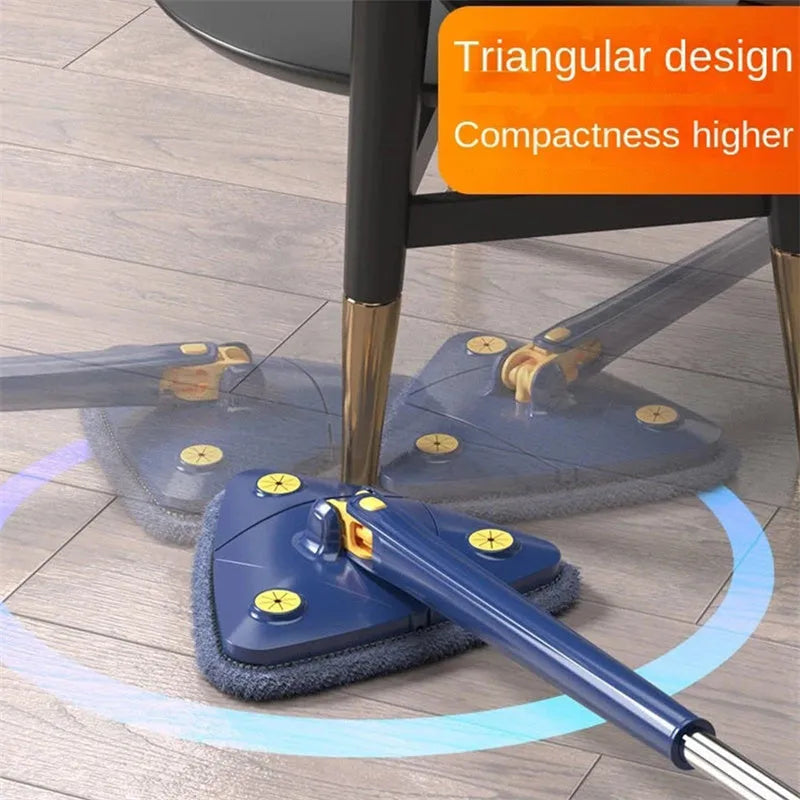 Extendable blue triangle mop with 360 rotating head and automatic water squeezing mechanism