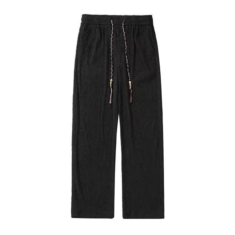 Korean-style men's loose straight-leg trousers with drooping texture in black or white for summer casual wear