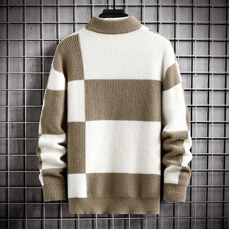 Men's casual cardigan sweater coat in modal fabric, colour block design, available in white collar with black option, thickened loose fit.