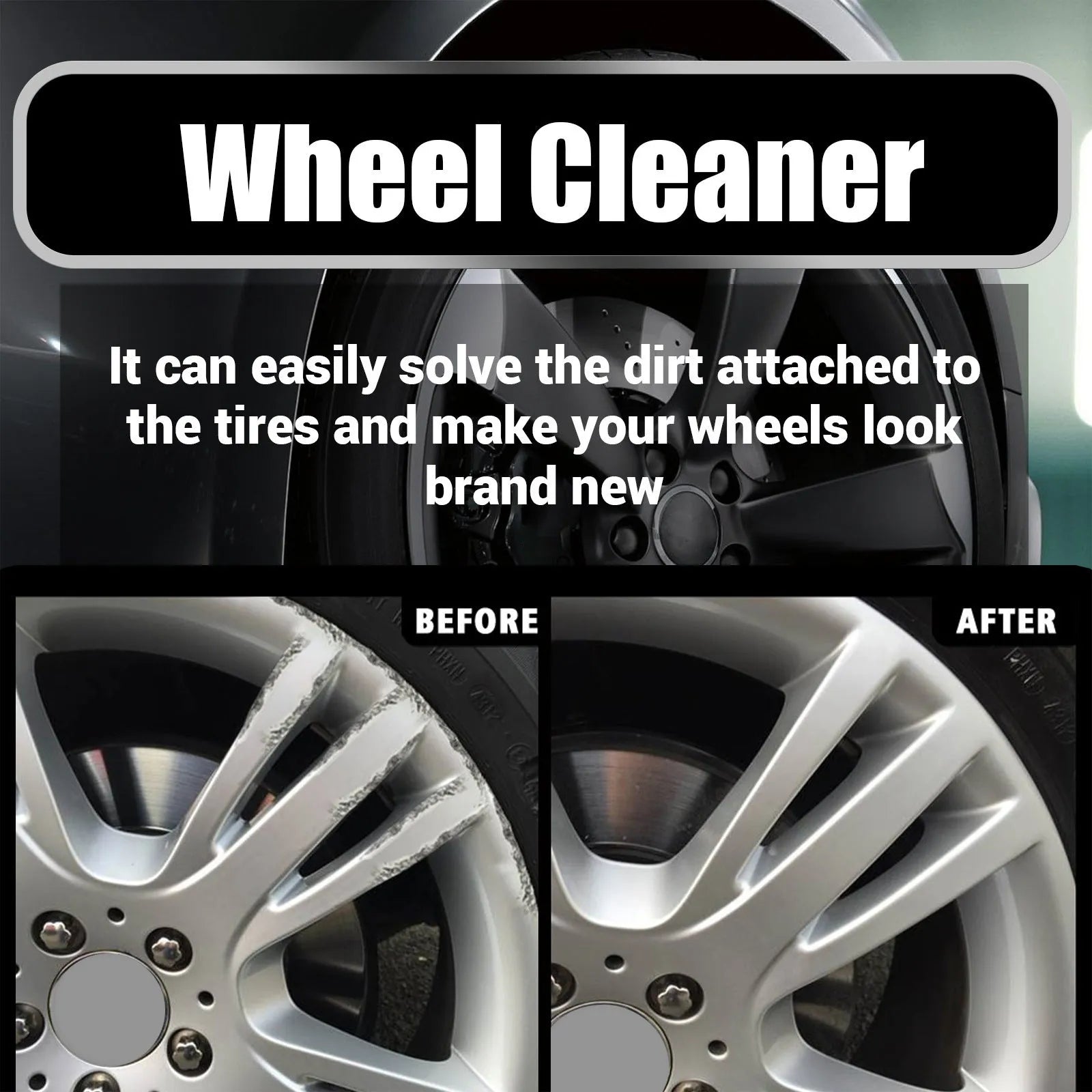 Car tyre cleaner kit with 500ml bottle and a 20x20cm microfiber towel for alloy wheels.