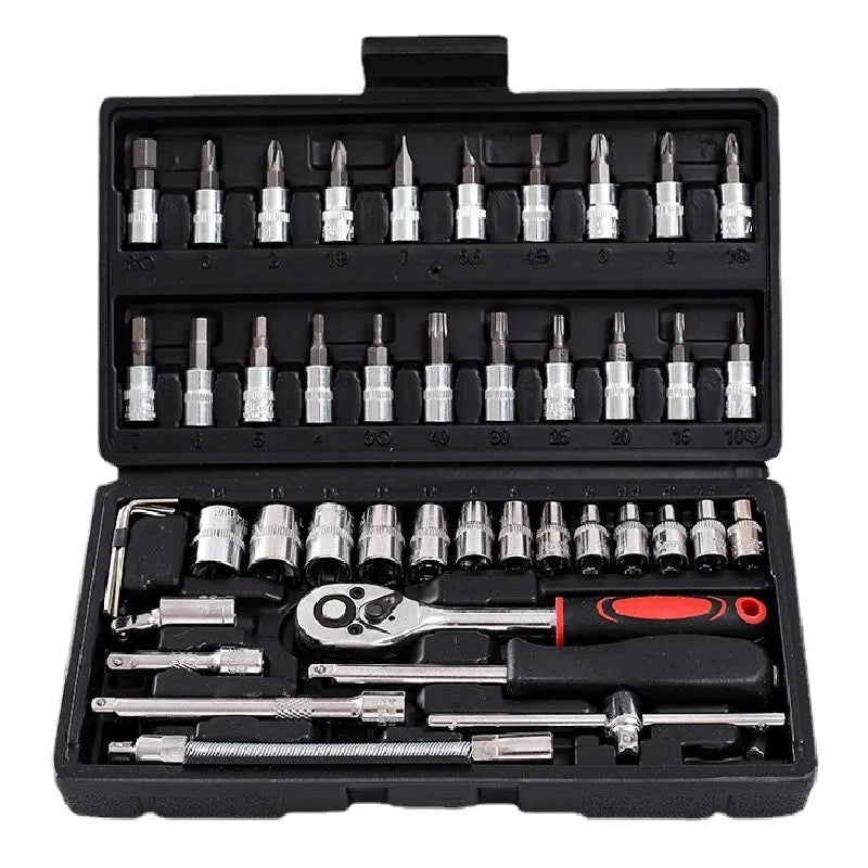 Cr-v chromium vanadium steel socket ratchet wrench set for auto and home repair.