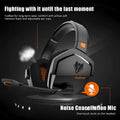 Black and orange wireless gaming headset with dual Bluetooth and 2.4G connectivity showing ear cushions and microphone.