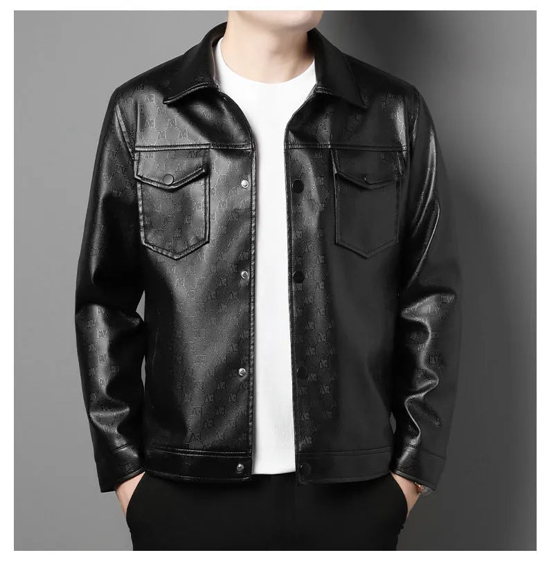 Men's black or light gray printed synthetic leather jacket, slim fit lapel, straight hem, no hood, sizes L to 4XL