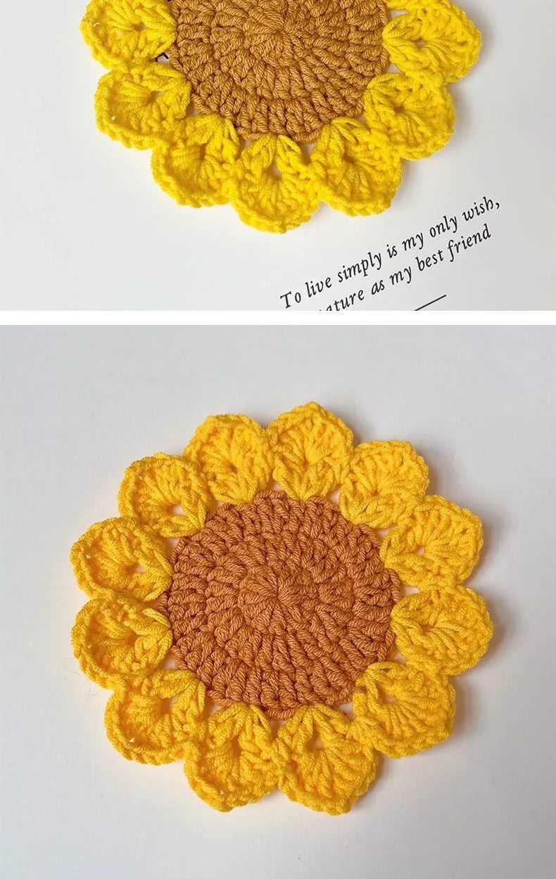 Hand-woven circular wool coaster with floral pattern, 10.5cm diameter