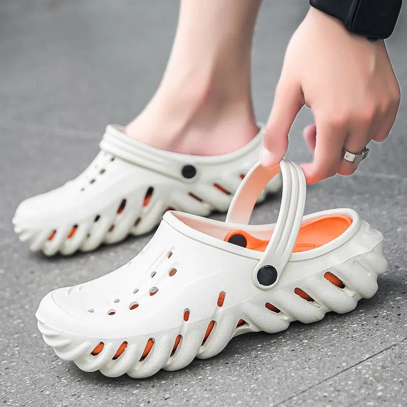 Men's beige EVA slipper sandals with hole design and non-slip sole.