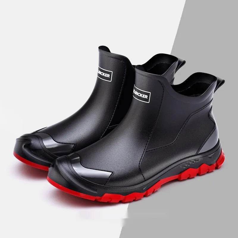 Men's short PVC rubber boots in beige with a flat heel and non-slip sole.