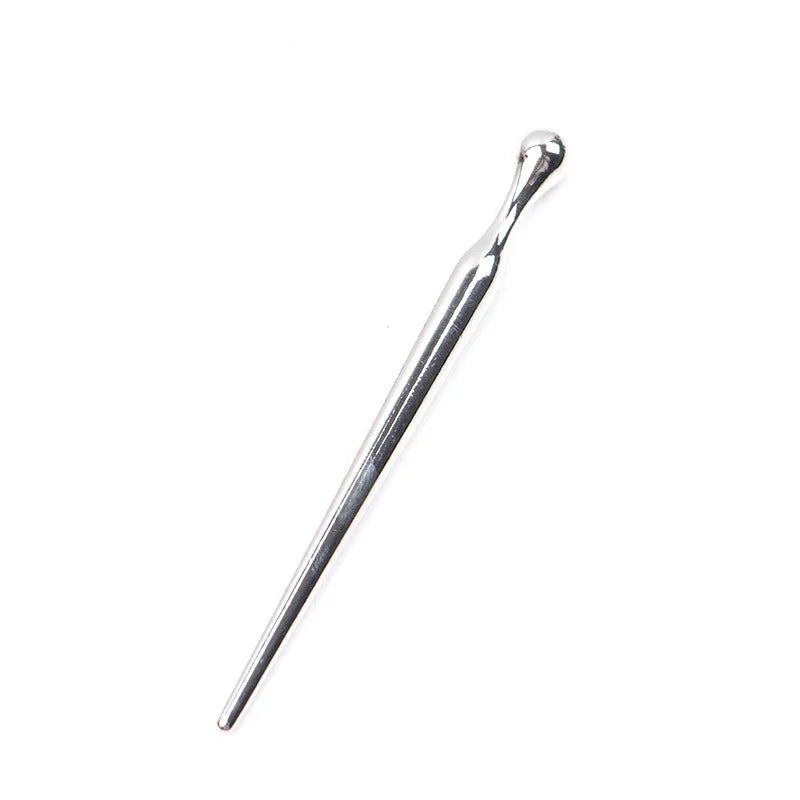 Silver metal urethral plug stick with round beads and horse eye shaped base