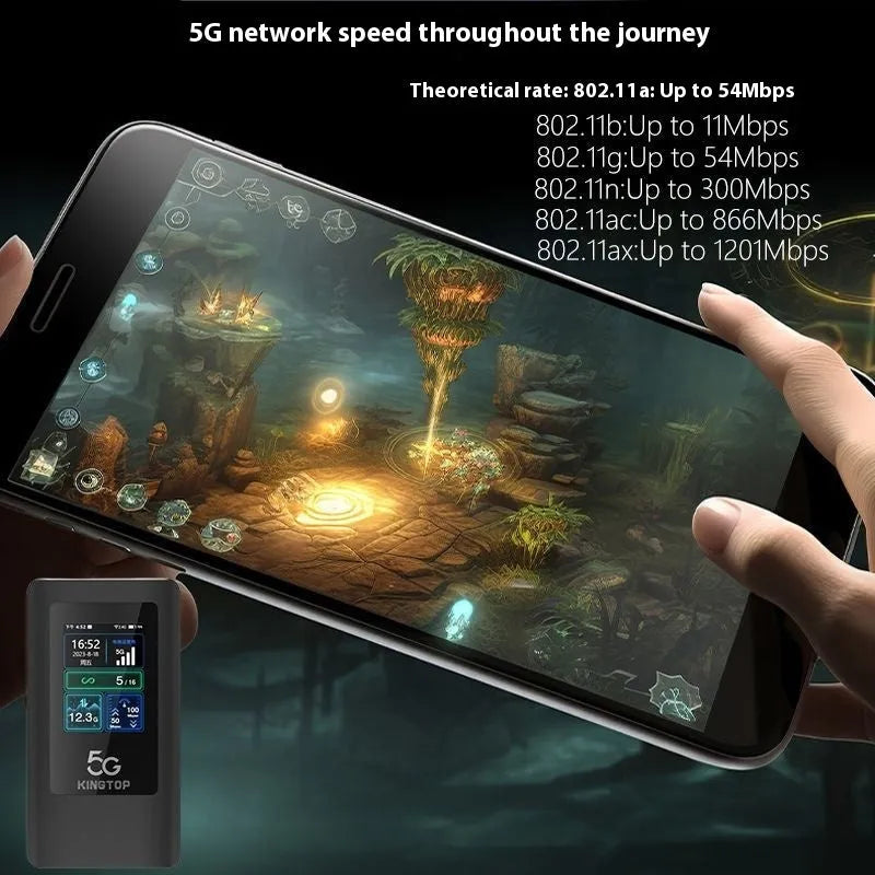 Black portable 5G Wi-Fi router with LCD display showing connectivity status and battery level