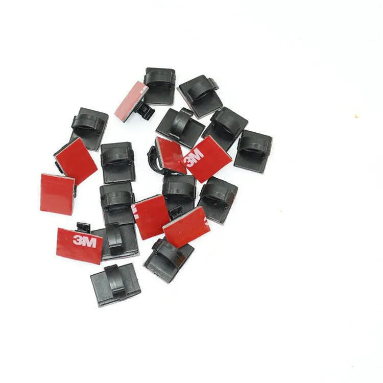Self-adhesive plastic wire clamps for organising car cables in black and white colour options