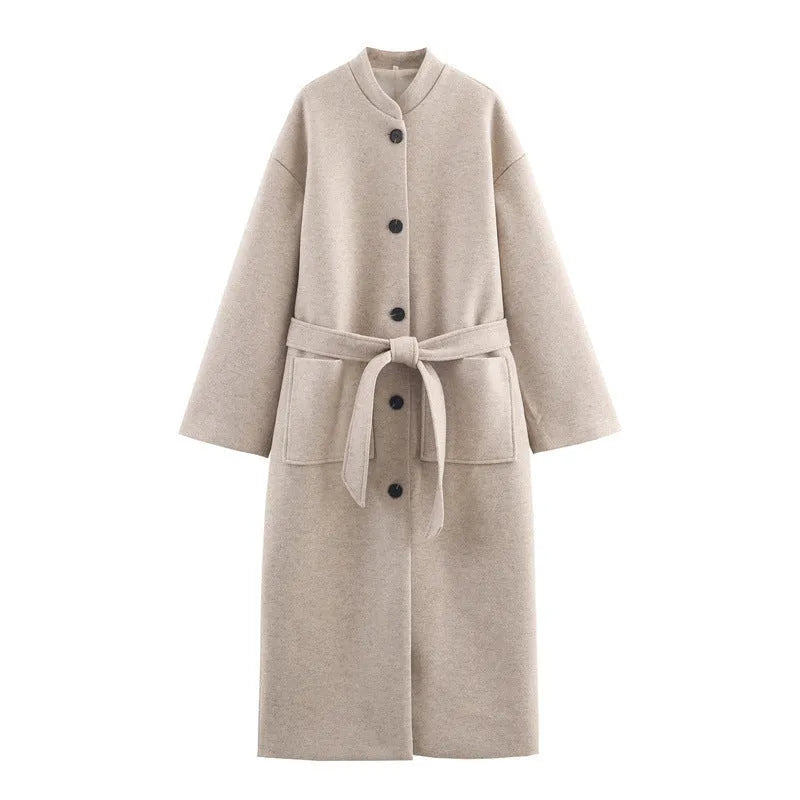Women's long belted solid colour coat in brown with front pockets, spandex blend, Asian sizes XS to L