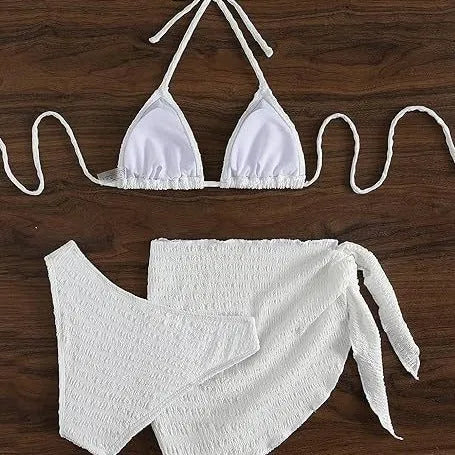 White women's lace-up split bikini swimsuit three-piece set made from Spandex in sizes S to XL