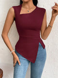 Women's diagonal collar slim fit short sleeve solid colour polyester top in black beige light blue light yellow brown purplish red dark blue