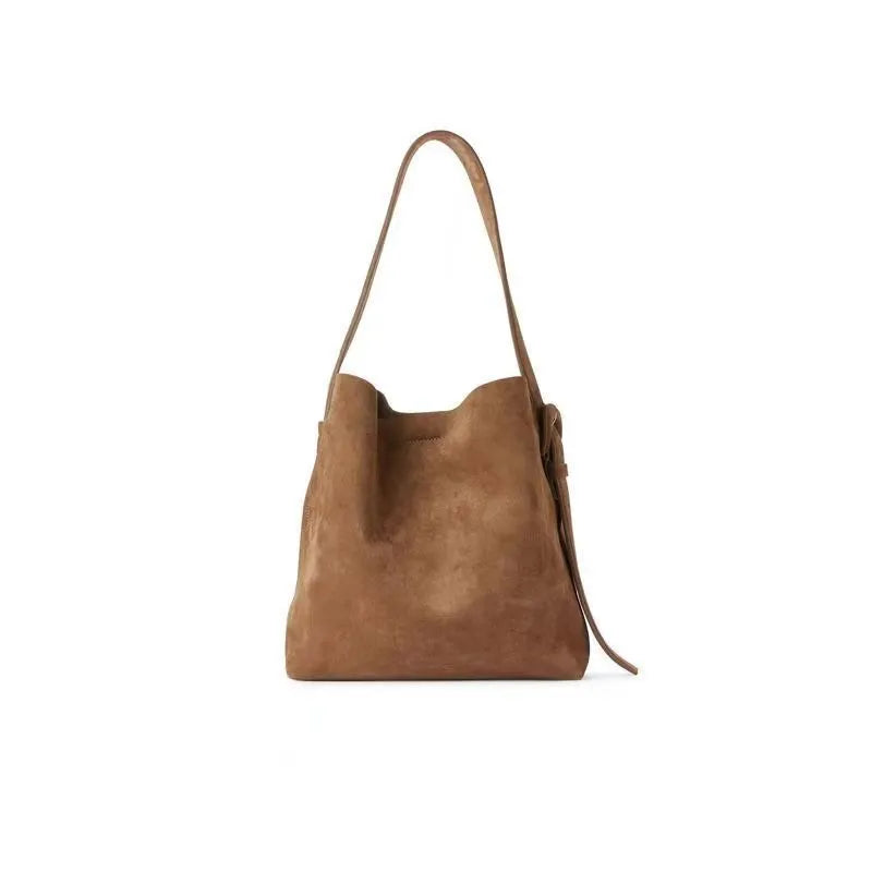 Brown retro large capacity shoulder bag for women with sewing thread detail
