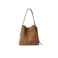 Brown retro large capacity shoulder bag for women with sewing thread detail