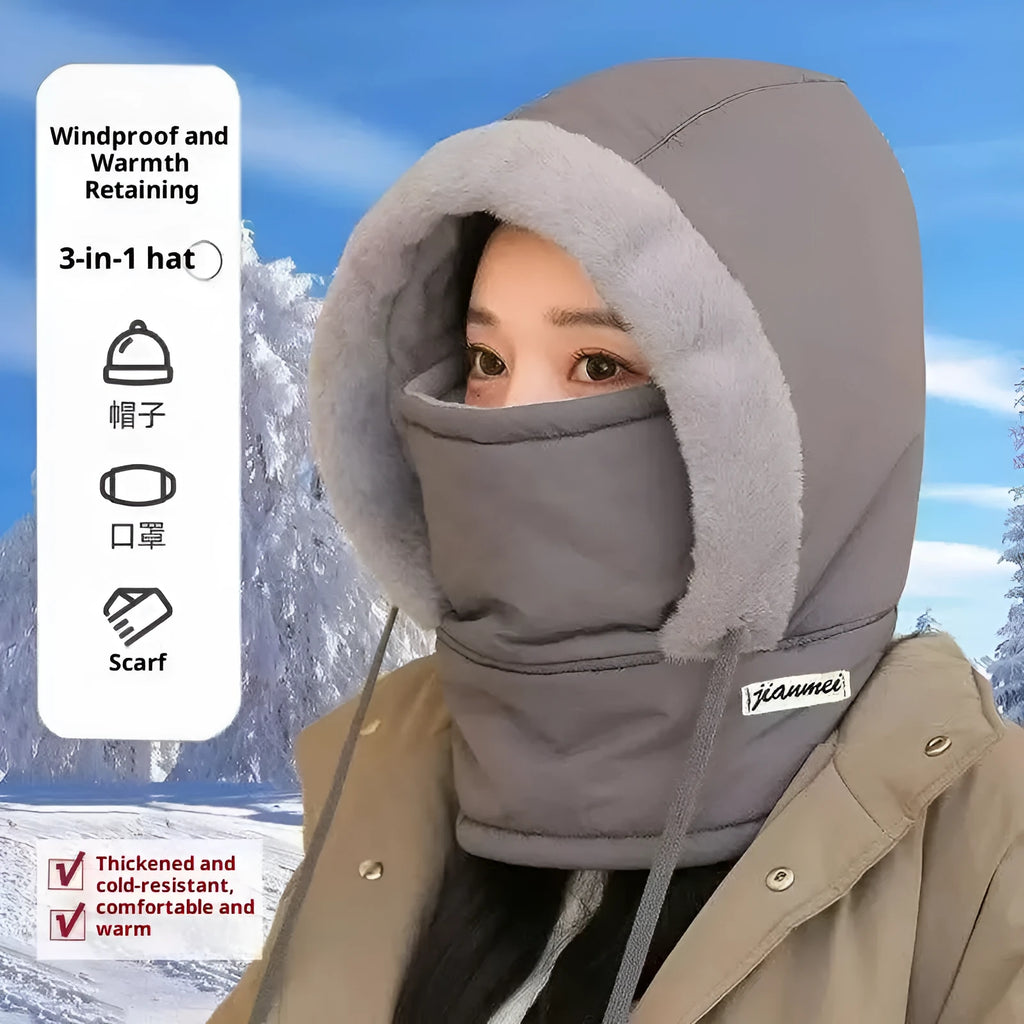 Cold-proof ushanka cap with integrated mask in black artificial leather, dome crown style for winter wind protection