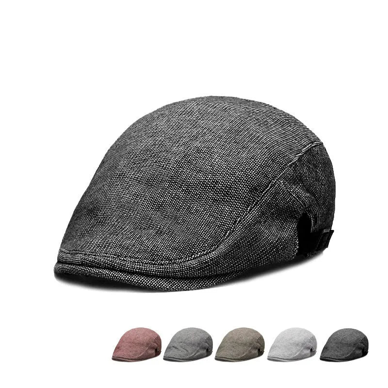 Men's cotton linen blend beret hat in black on a model, showing dome crown style.