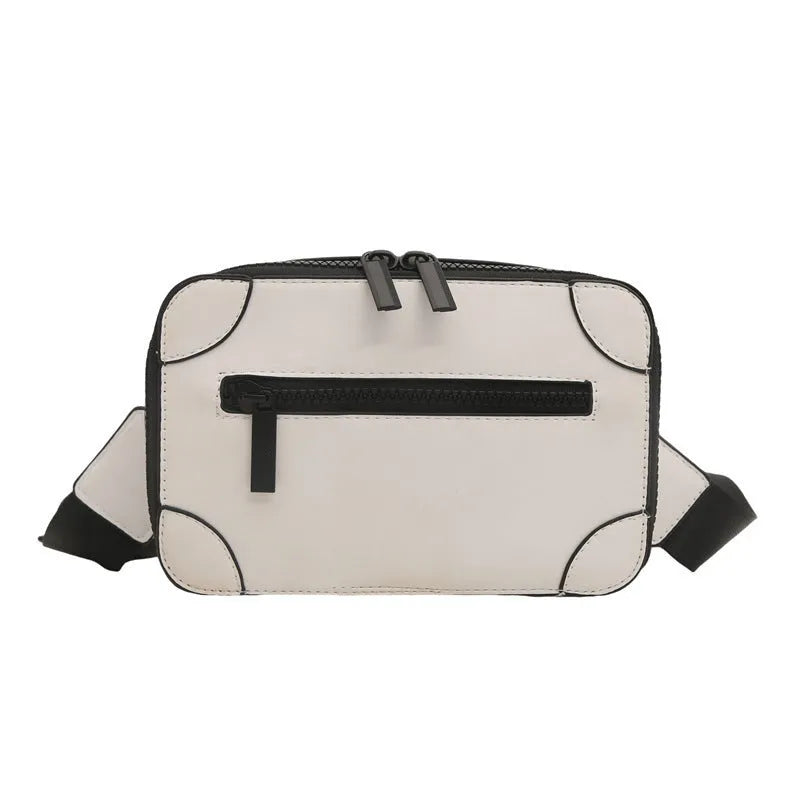 Women's small square crossbody bag in PU leather, horizontal shape, shown in one of five colours with visible sewing lines.