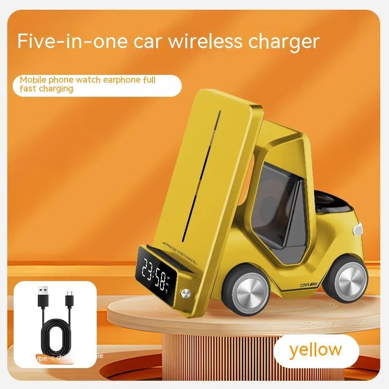 Grey triple wireless charging bracket mounted on a car air vent, charging a phone, smartwatch, and earbuds.