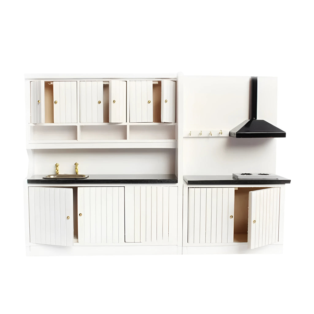 White birch dollhouse kitchen set with sink and stove cabinets, featuring working doors.