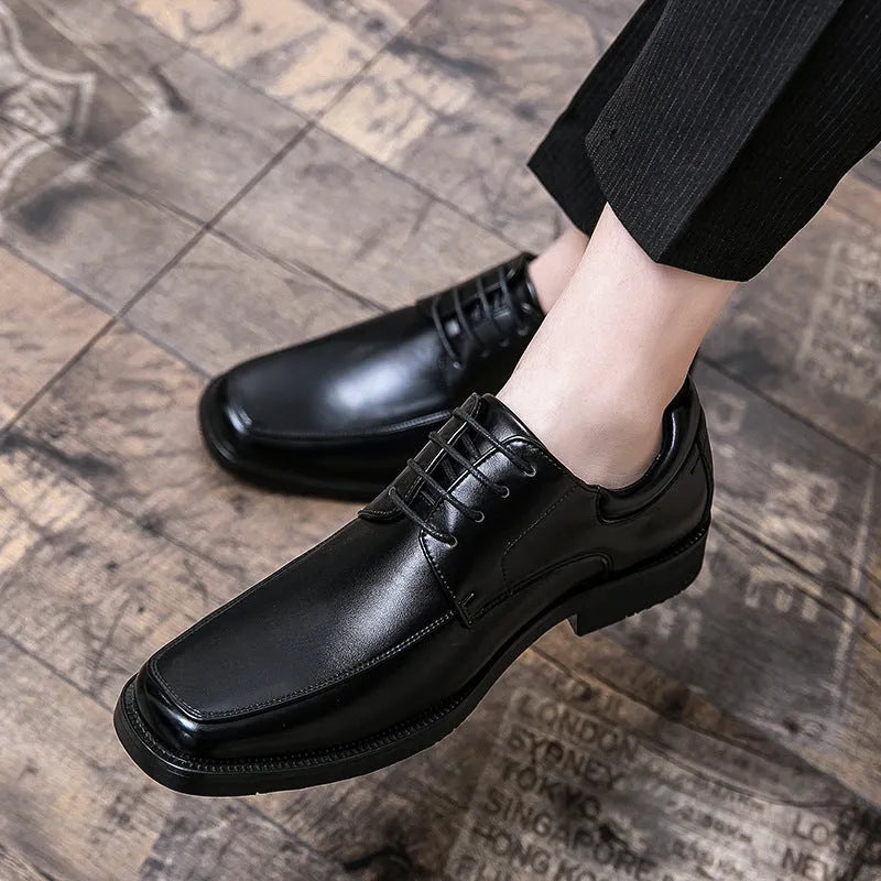 Low-top men's square toe business casual leather shoes in black and brown with rubber sole