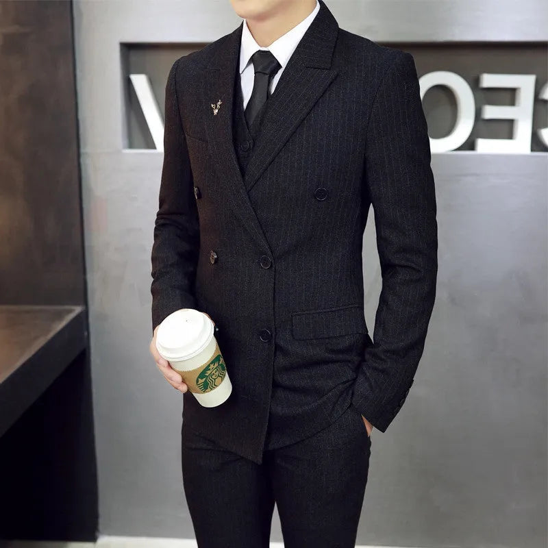 Three-piece men formal suit set jacket vest trousers slim fit black blue gray wedding business wear