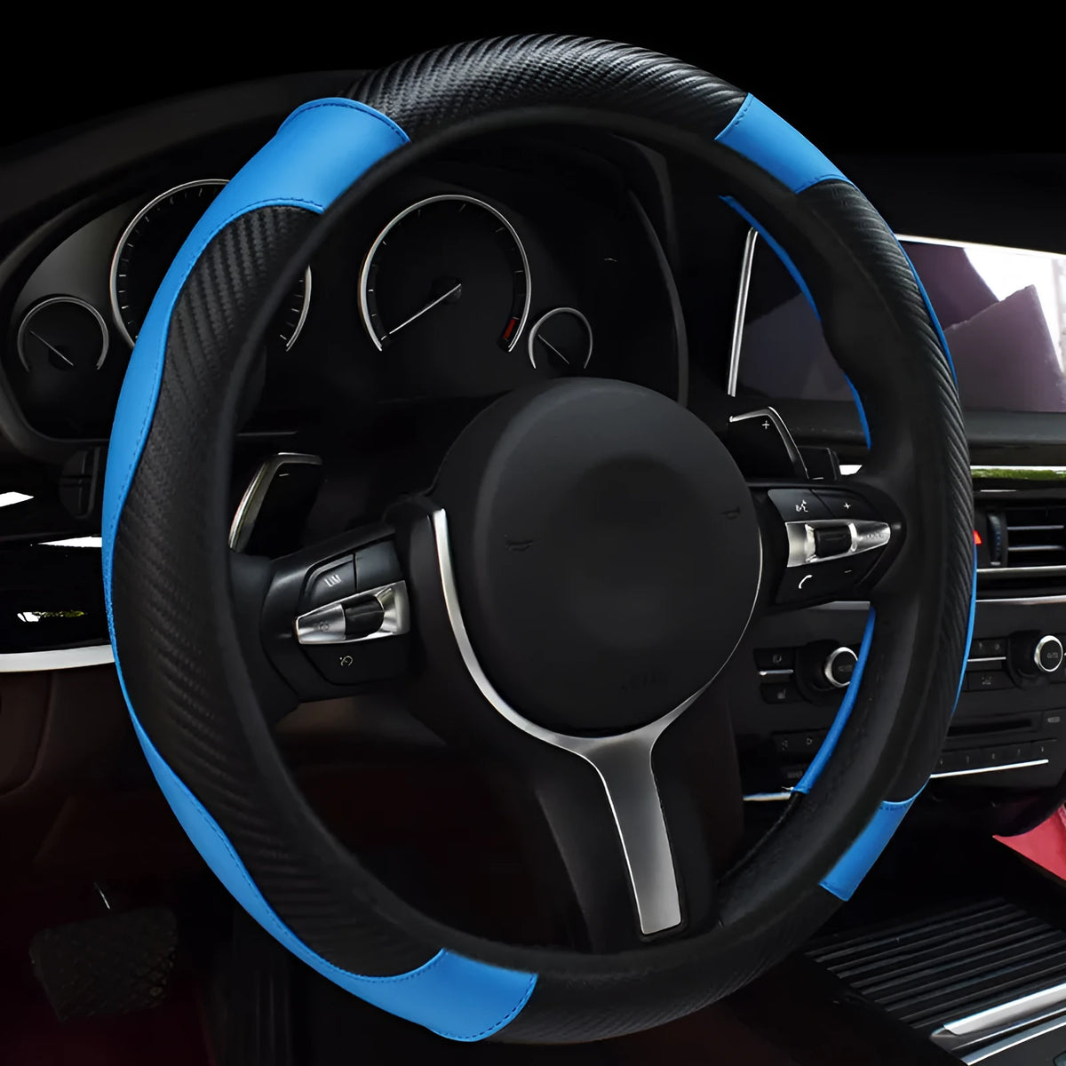 Elastic rimless leather car steering wheel cover, sports style, 38cm fit, shown in colour options