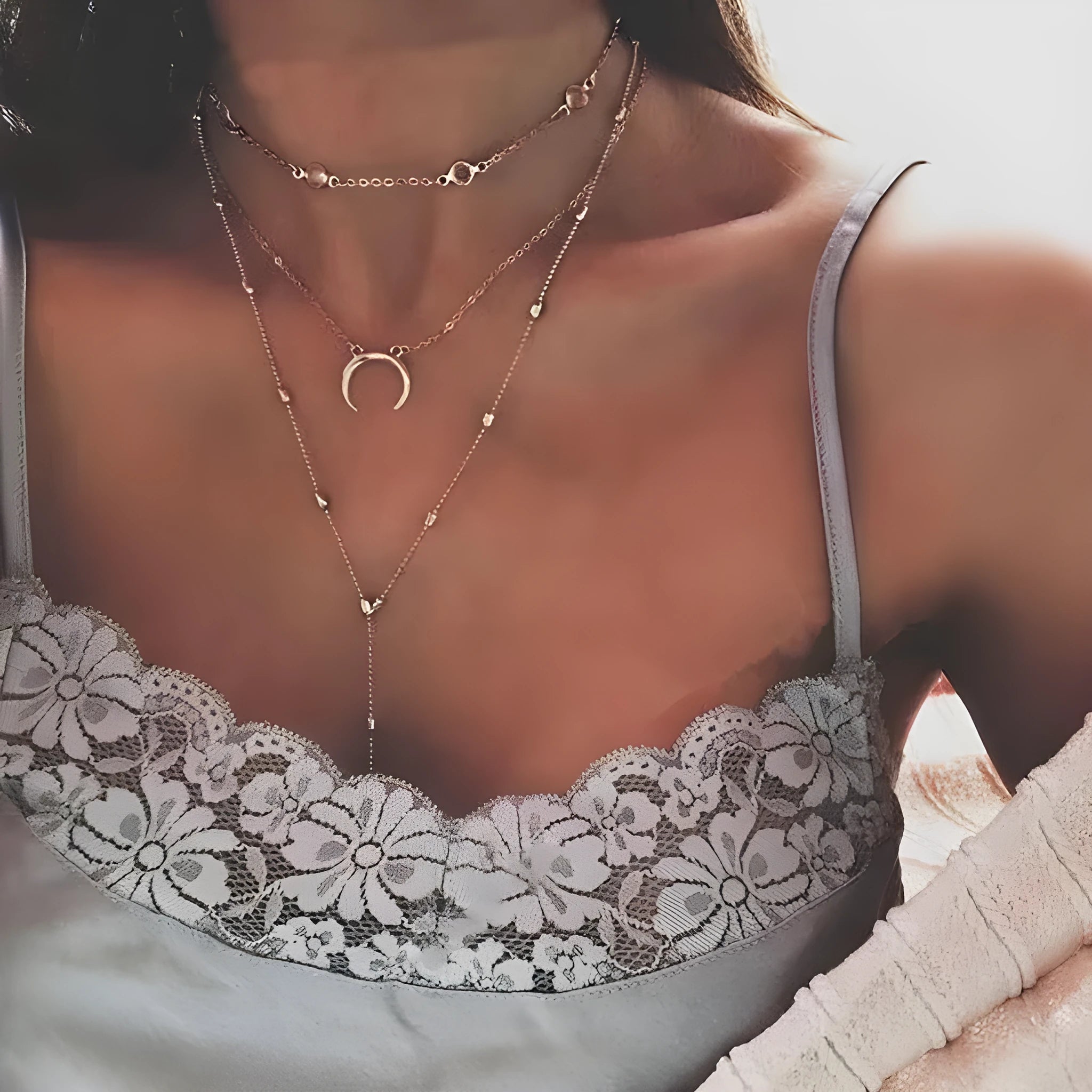 Fashion multilayer crescent moon choker necklace with bead chain initial pendant in gold finish