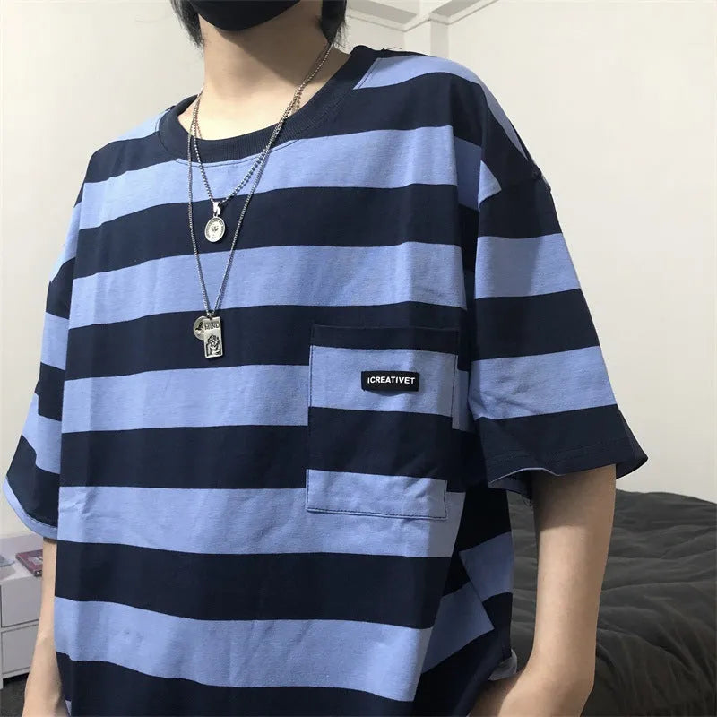 Striped short sleeve t-shirt in blue and yellow colours