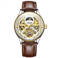 Men's automatic mechanical watch with a leather strap on a wrist, showing a business-style dial.