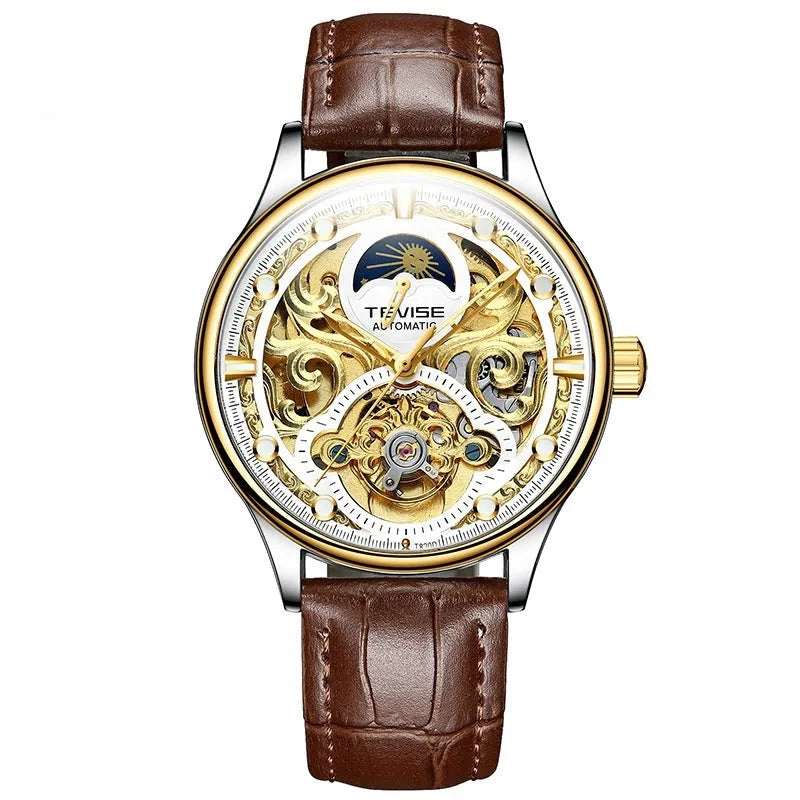Men's automatic mechanical watch with a leather strap on a wrist, showing a business-style dial.