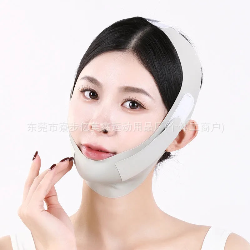 Purple and green V face shaping mask for facial lifting and tightening support.