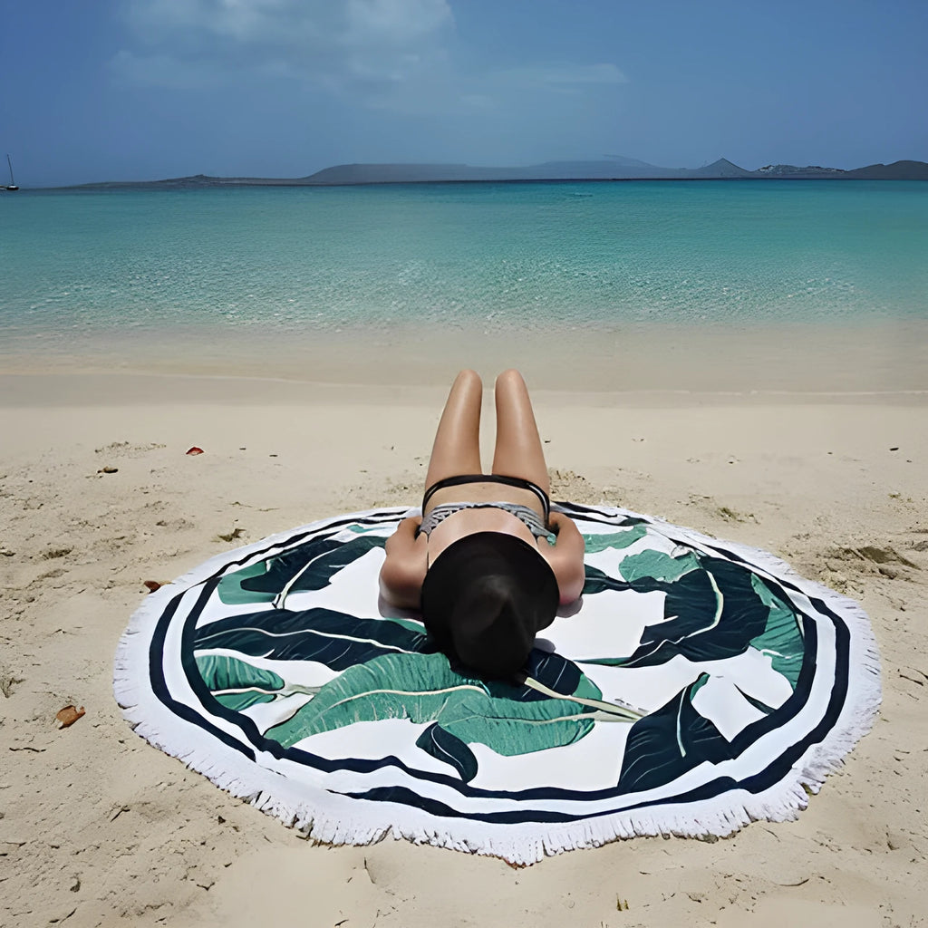 Bohemian beach towel 150cm x 150cm in 100% polyester fibre, picture colour, shown as a large unisex swim towel.