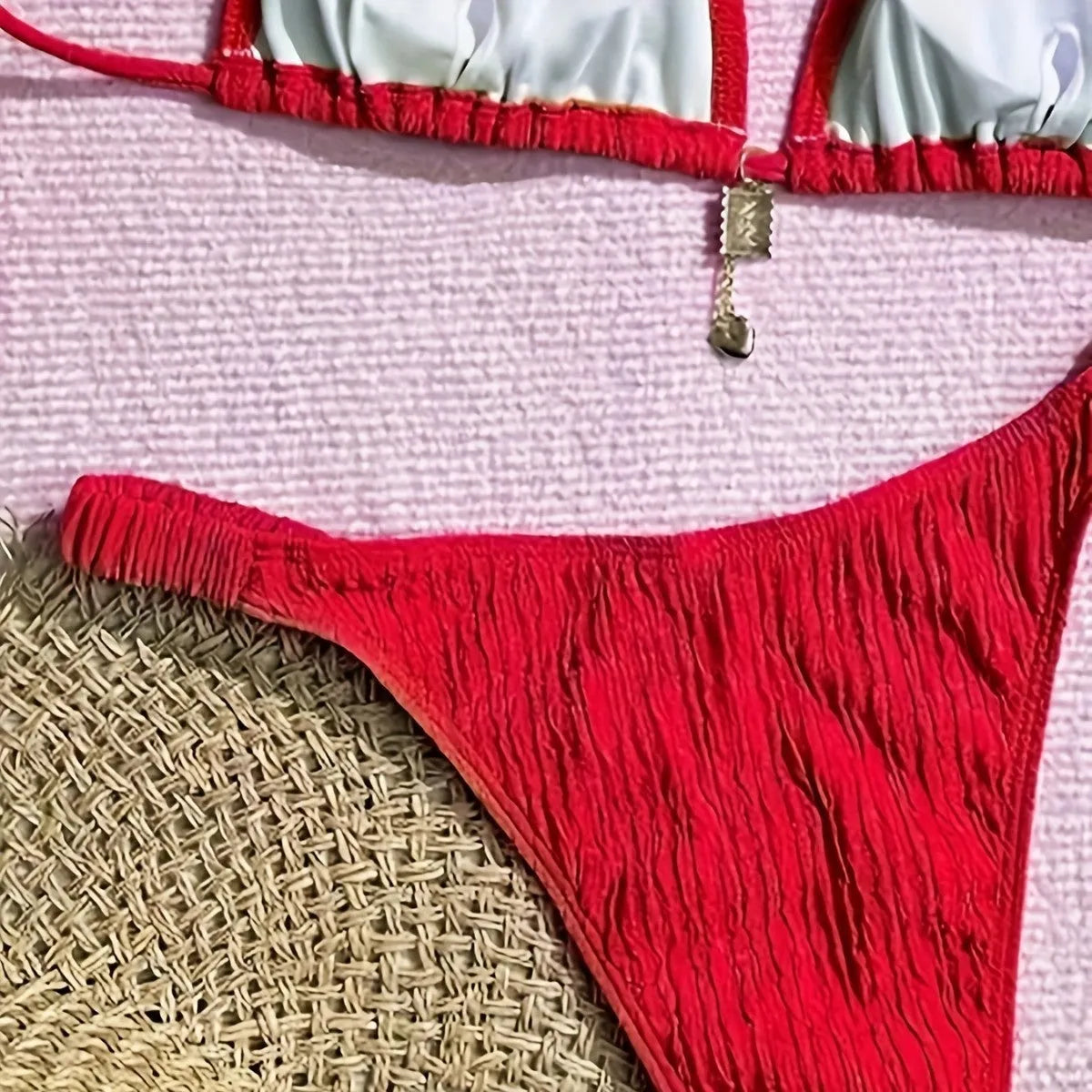 Red high waist pleated bikini set with tied briefs and sleeveless bra, women's two-piece swimwear