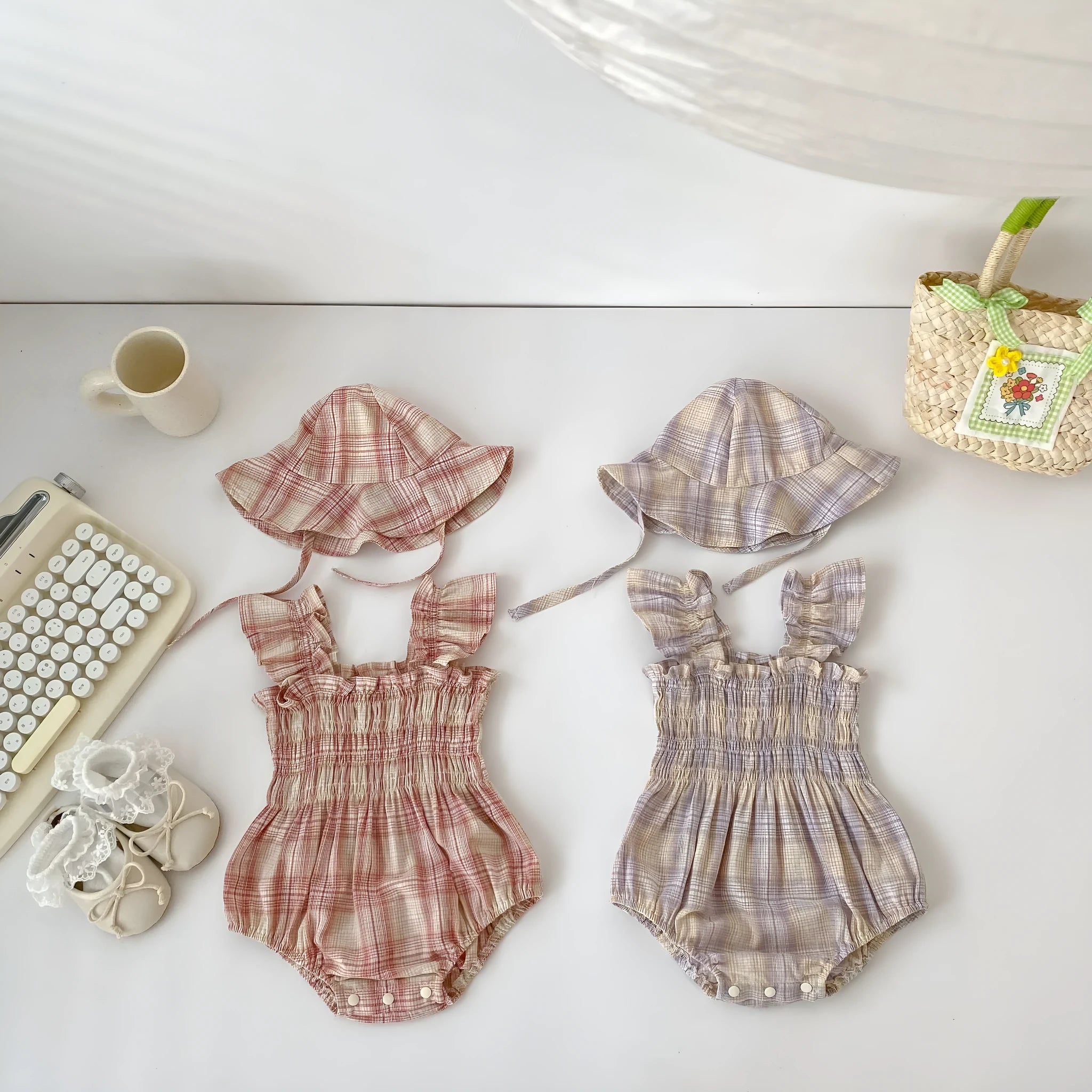 Baby girl cotton plaid onesie with matching hat in pink, triangle jumpsuit style