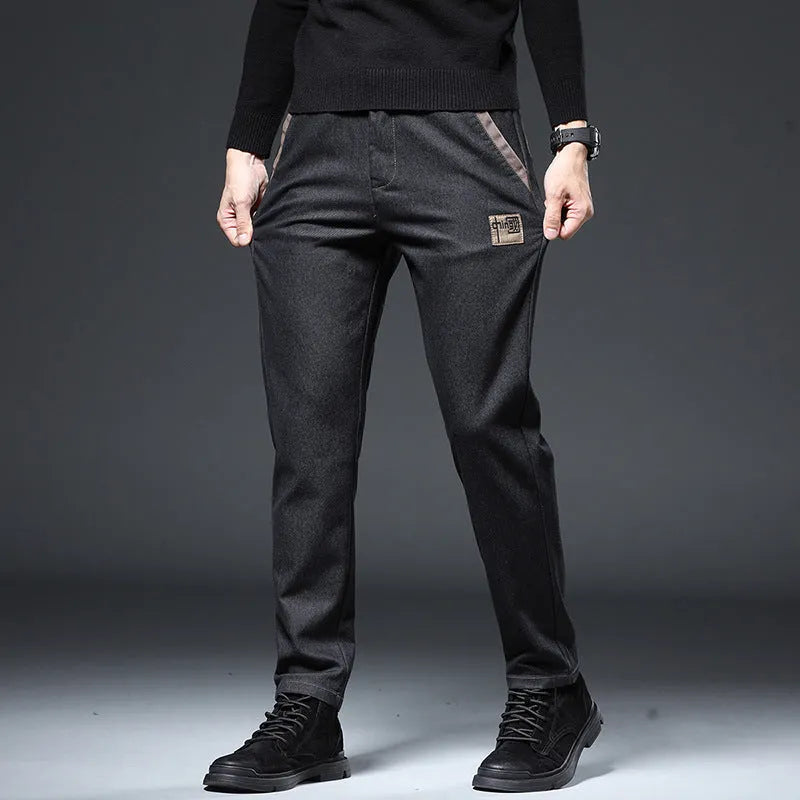 Men's embroidered slim straight cotton trousers in black, high waist, spring wear
