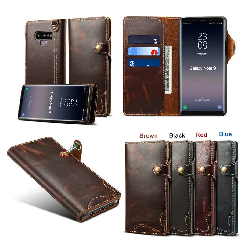 Handcrafted leather wallet case for Samsung Note 9 phone with built-in stand