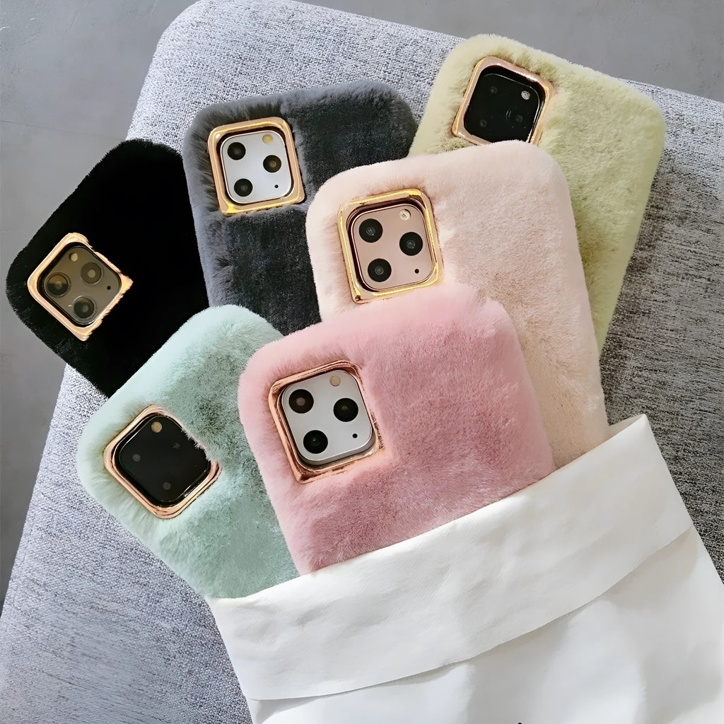 Soft rabbit plush phone case for iPhone with a removable silicone inner shell