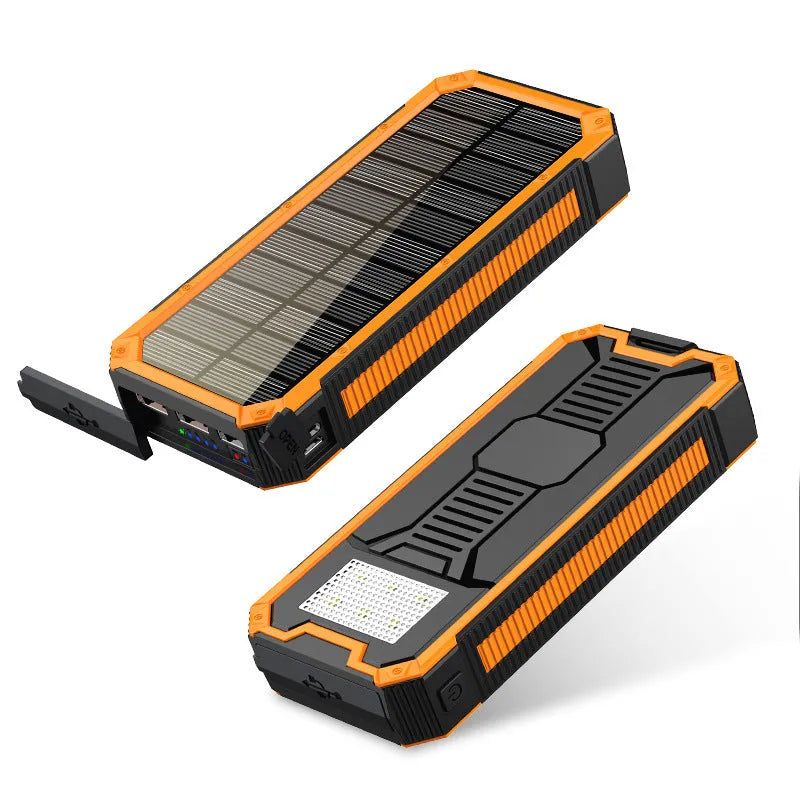 Outdoor solar power bank 30000mAh in orange, black, or blue with built-in light, 160 x 75 x 26mm