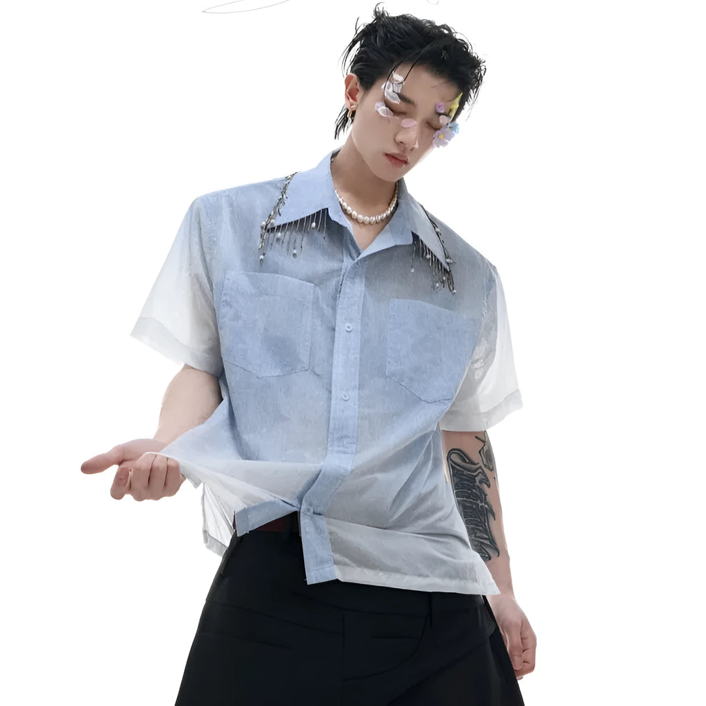 Man wearing a blue and white gradient loose-fit casual half-sleeve summer shirt