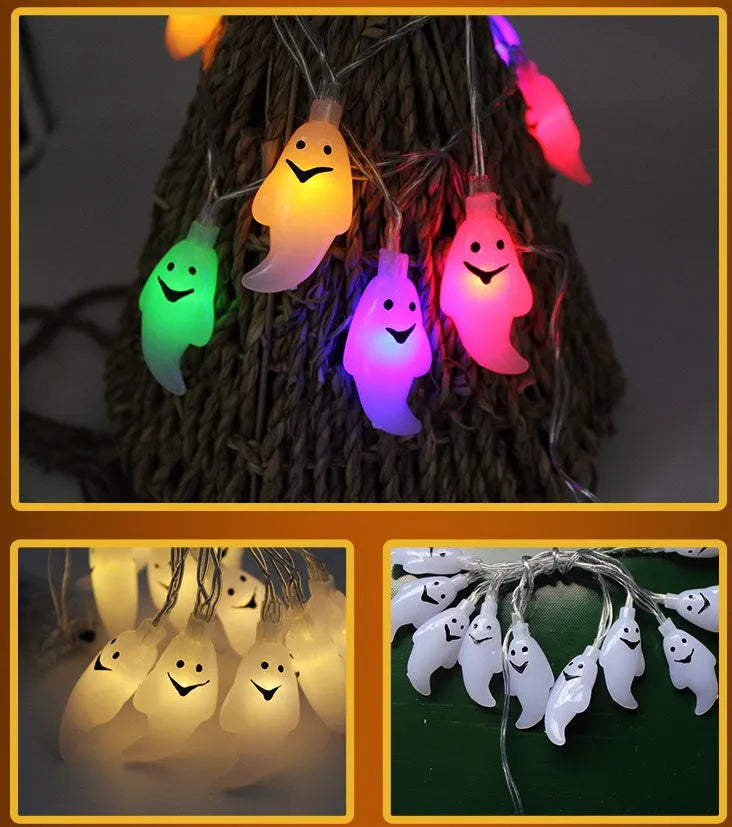 Halloween pumpkin and ghost LED string lights with battery pack and multiple pendant designs