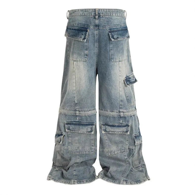 Detachable washed-out cotton overalls with multiple pockets in black or blue colours