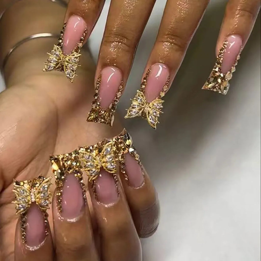 Golden diamond debris butterfly nail stickers set with adhesive glue for DIY manicures