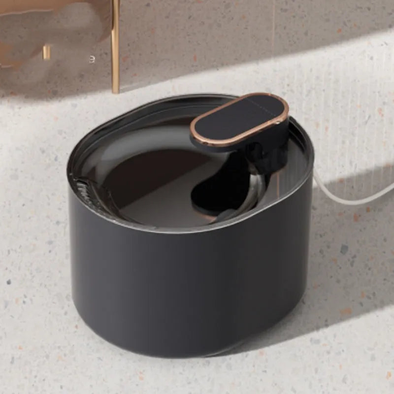 Automatic pet water fountain with USB cable, showing detachable bowl, pump, and filter in Berlin Blue colour.