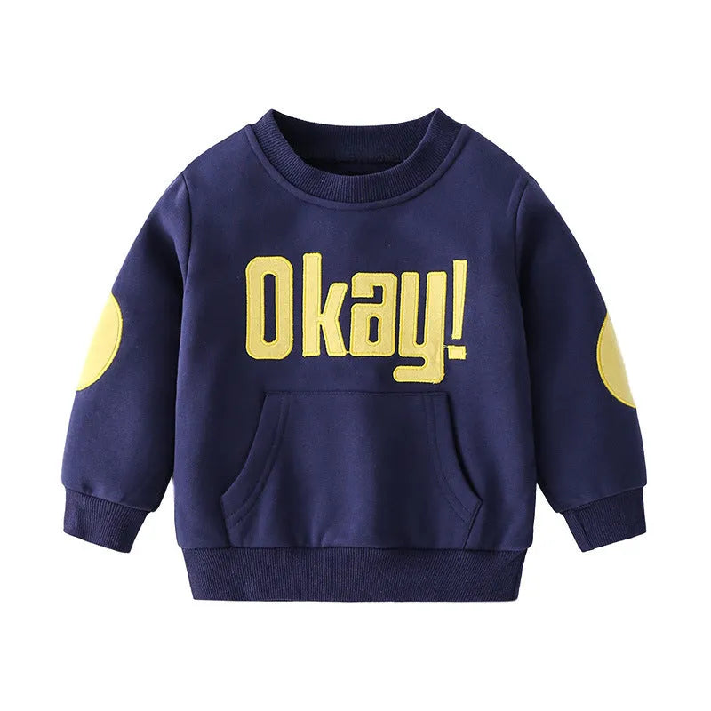 Casual boys cotton pullover sweatshirt with English print in navy blue on child model